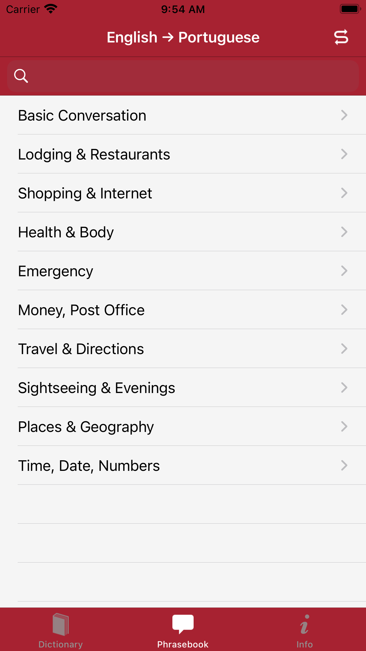 phrasebook categories screenshot